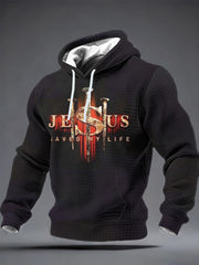 Men's Jesus Saved My Life Checkered Cotton Hoodie