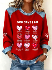 Women's God Says I Am Valentine Denim Patchwork Top
