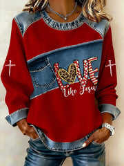 Women's Love Like Jesus Print Denim Patchwork Top