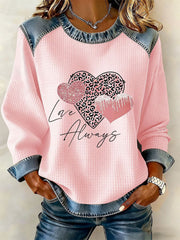 Women's Valentine's Day Heart Print Denim Patchwork Top