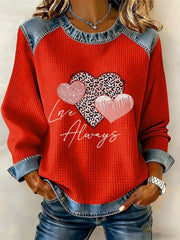 Women's Valentine's Day Heart Print Denim Patchwork Top