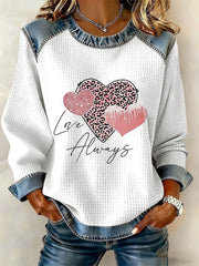 Women's Valentine's Day Heart Print Denim Patchwork Top
