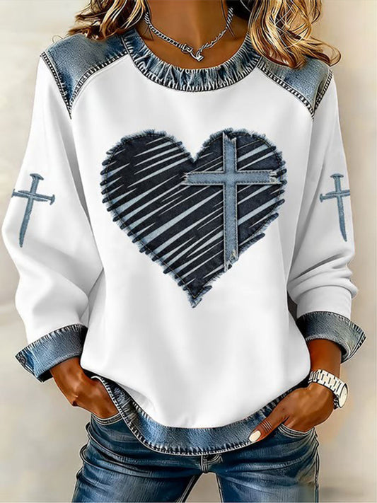 Women's Valentine's Day Heart Cross Denim Patchwork Top