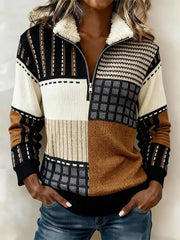 Women'S Casual Color Block Printed Printed Fur Collar Zip Sweatshirt