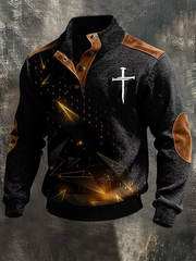 Men's Vintage Faith Cross Print Four-button Hoodie