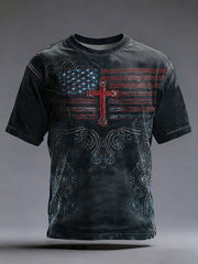 Men's Vintage America Flag Christian Cross Short Sleeve T-shirt