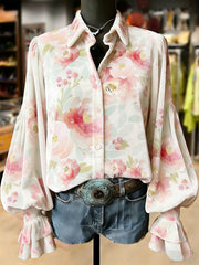 Women's Retro Plants Flowers Art Print Long Sleeve Top