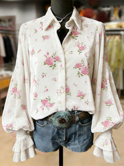 Women's Retro Plants Flowers Art Print Long Sleeve Top