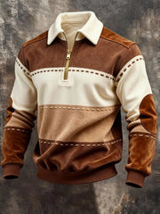 Men's Retro Color Block Print Zip-Up Sweatshirt