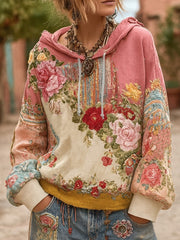 Women's Pink Floral Print Casual Hoodie