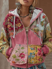 Women's Pink Floral Print Casual Zip-Up Top