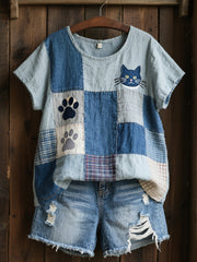 Women's Lovely Cat Pattern Patchwork Art Linen Shirt