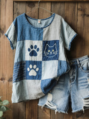 Women's Lovely Cat Pattern Patchwork Art Linen Blend Shirt