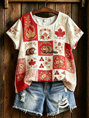 Women's Maple Leaf Checkered Print Casual Tee