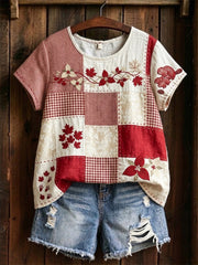 Women's Maple Leaf Checkered Print Casual Tee