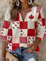 Women's Maple Leaf Checkered Print Casual V-Neck Shirt