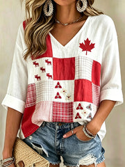 Women's Maple Leaf Checkered Print Casual V-Neck Shirt
