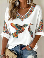 Women's Indigenous Hummingbird Art V-Neck Tops