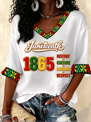 Women's Juneteenth Print Casual V-Neck Waffle Top