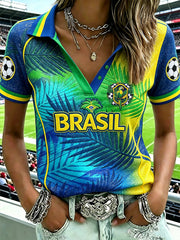 Women's football element plant print casual sports polo T-shirt