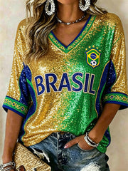 Women's Brasil Football Flag Gradient Glitter Print Mid-length Sleeves V-Neck T-Shirt