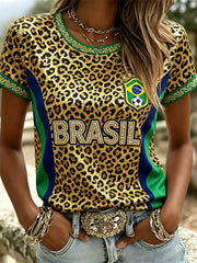 Women's Brasil Football Leopard Flag Colorblock Print short-sleeved T-shirt