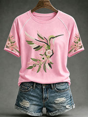 Women’s Pink Hummingbird Print Casual T-Shirt