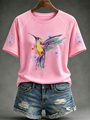 Women’s Pink Hummingbird Print Casual T-Shirt