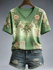 Women's Elegant Floral Embroidery Art T-Shirt