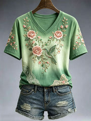 Women's Elegant Floral Embroidery Art T-Shirt