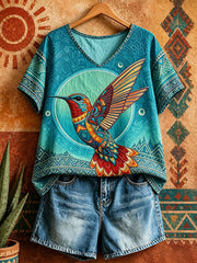 Women's Native Hummingbird Art V-Neck Tops
