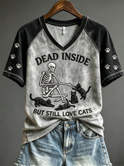 Women's Dead Inside But Still Love Cats Skeleton & Black Cats Print short-sleeved T-shirt