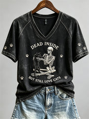 Women's Dead Inside But Still Love Cats Skeleton & Black Cat Print short-sleeved T-shirt