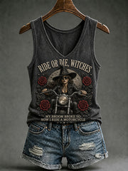 Women's My Broom Broke So Now I Ride A Motorcycle Halloween Witch Print Vest Top