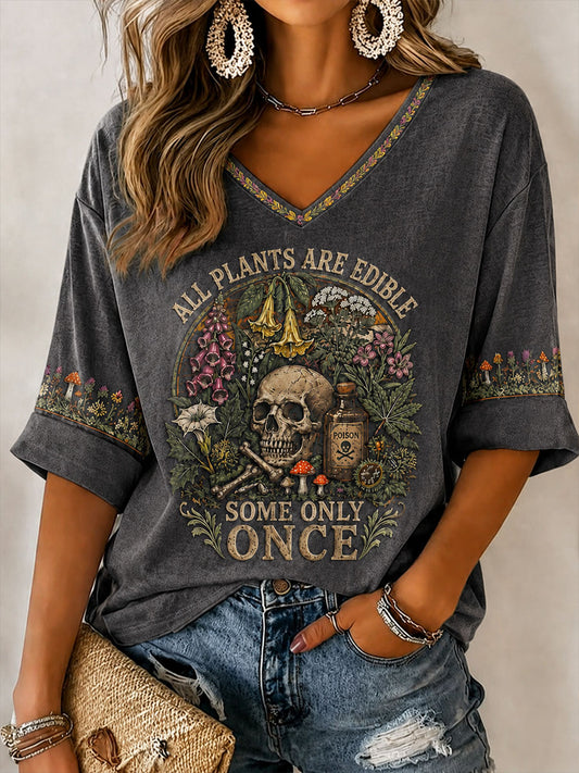 Women's "All Plants Are Edible Some Only Once" Halloween Floral Print Casual T-Shirt