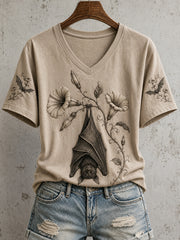 Women's Gothic Bat Dark Academia Botanical Print Short-sleeved T-shirt