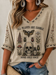 Women's "All Plants Are Edible Some Only Once" Halloween Floral Print Casual T-shirt