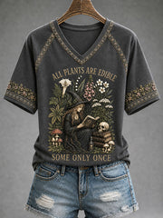 Women's "All Plants Are Edible Some Only Once" Halloween Witch Floral Print Casual T-shirt