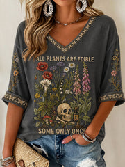 Women's "All Plants Are Edible Some Only Once" Halloween Floral Print Casual T-shirt