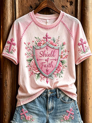 Women's Shield of Faith Pink Floral & Cross Print short sleeve T-shirt