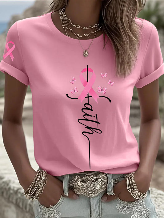 Women's Breast Cancer Awareness Pink Ribbon Faith Short Sleeve T-shirt