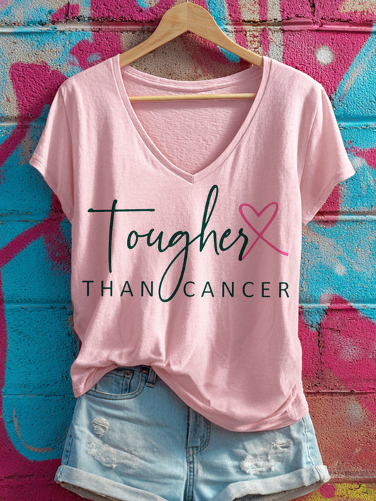 Women's Tougher Than Cancer Print V-Neck T-Shirt