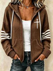 Women's Christian Art Cross Pattern Cozy Knit Hooded Cardigan