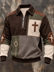 Men's Retro Color Block Patchwork Faith Cross Print Zipper Sweatshirt