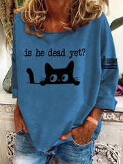 Women's Casual Long-Sleeved Round-Neck Cat Print Loose T-Shirt