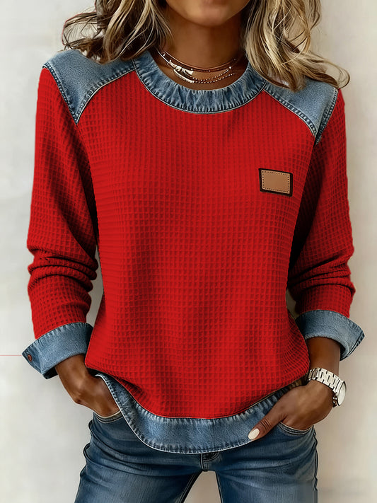 Women's Fashion Patchwork Design Waffle Sweatshirt