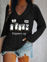 Women's Penguins Flippers Up Print V Neck T-Shirt