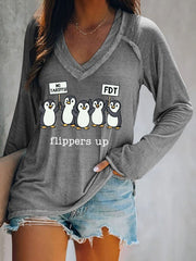 Women's Penguins Flippers Up Print V Neck T-Shirt