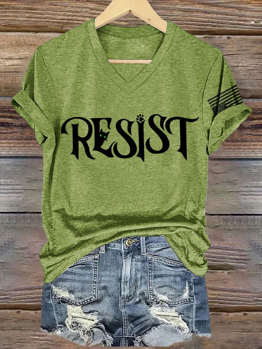 V-Neck Retro Resist Cat Paw Print T-Shirt