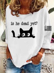 Women's Casual Long-Sleeved Round-Neck Cat Print Loose T-Shirt